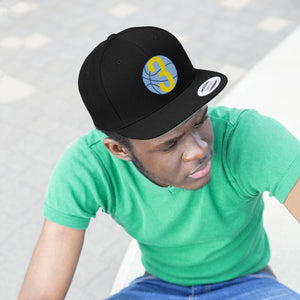 Blue & Yellow Three: Black Unisex Flat Bill Hat