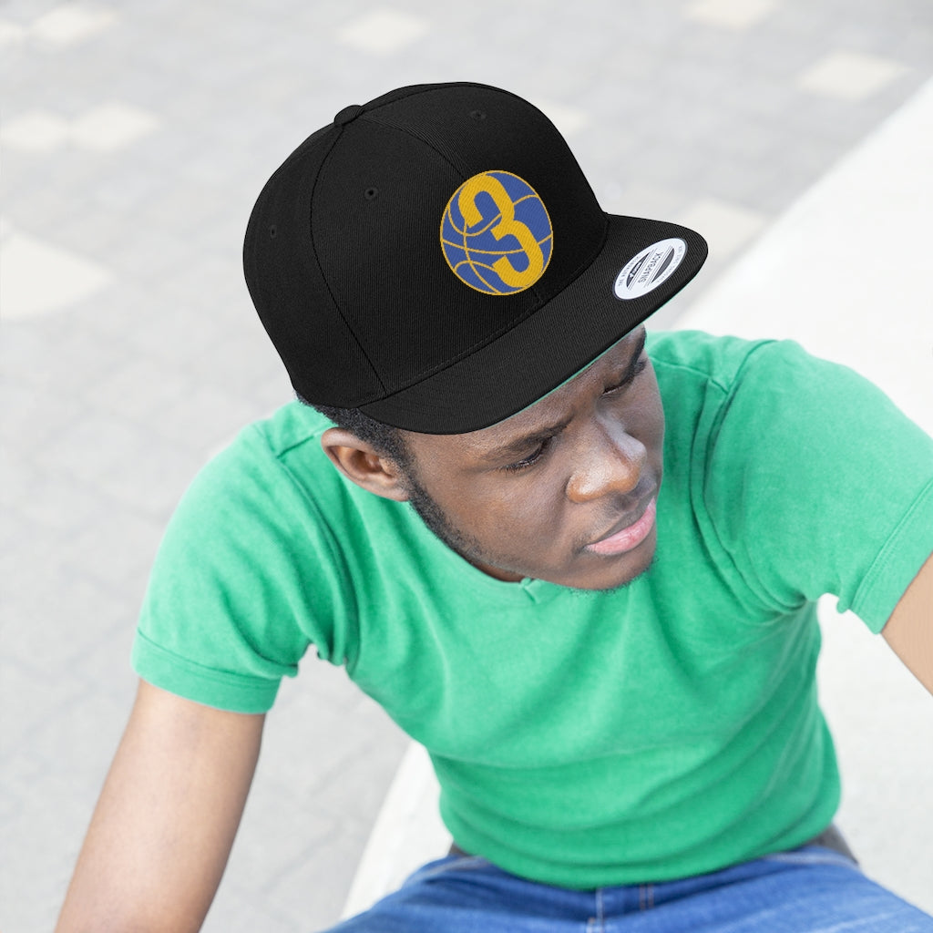 Royal Blue & Gold Three: Black Unisex Flat Bill Hat