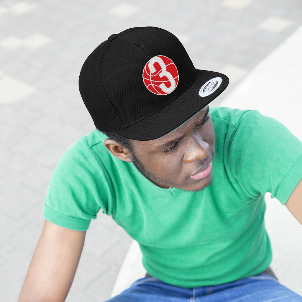 Red & White Three: Black Unisex Flat Bill Hat