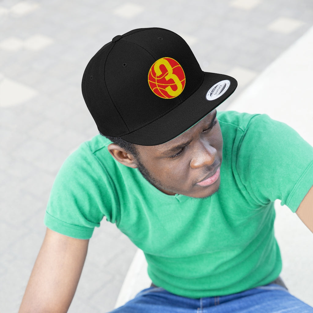 Red & Yellow Three: Black Unisex Flat Bill Hat