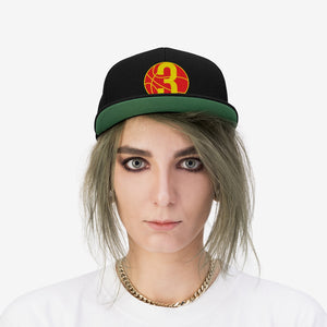 Red & Yellow Three: Black Unisex Flat Bill Hat