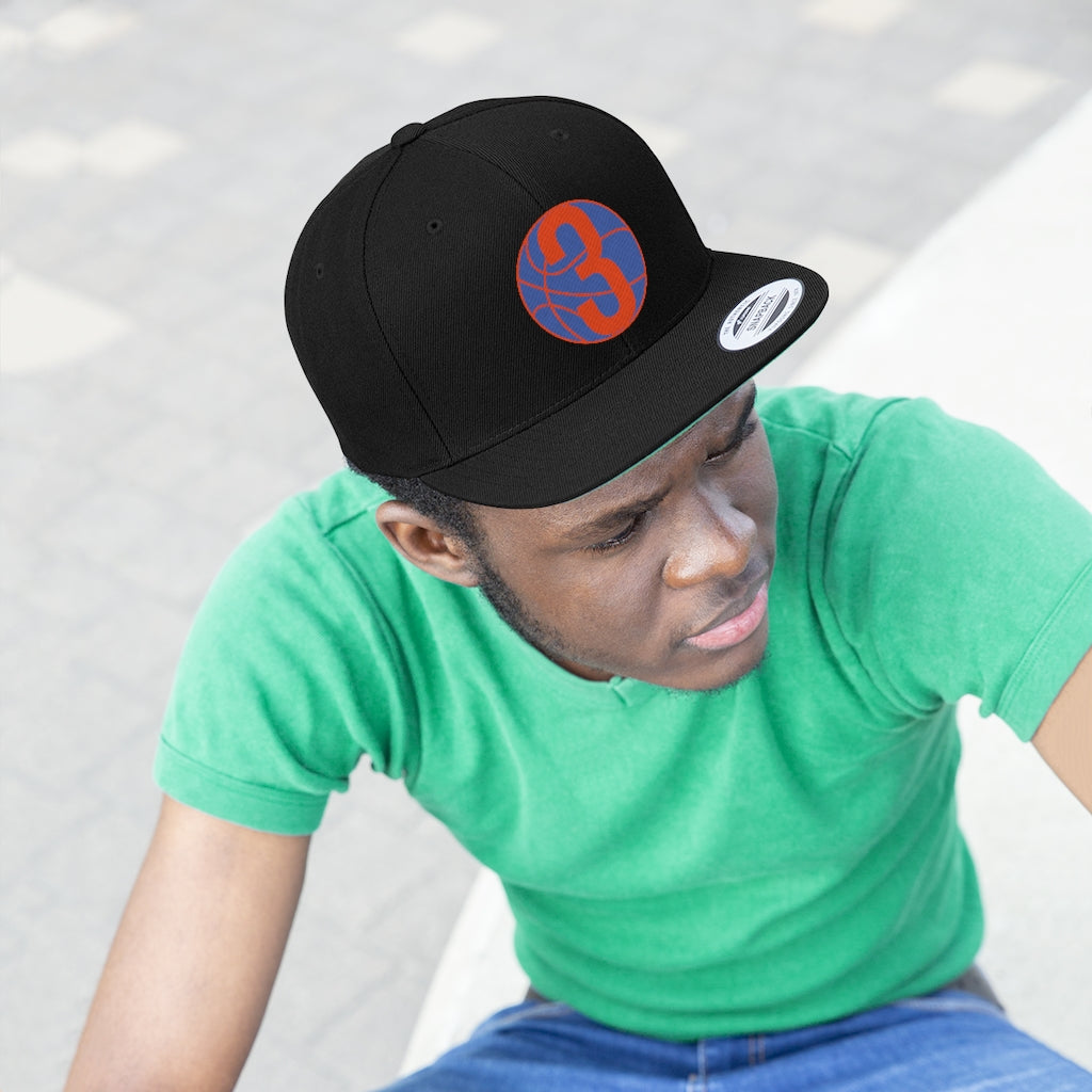 Blue & Orange Three: Black Unisex Flat Bill Hat