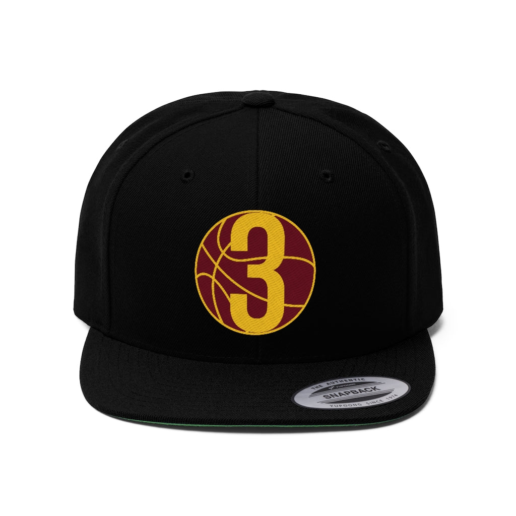 Burgundy & Gold Three: Black Unisex Flat Bill Hat