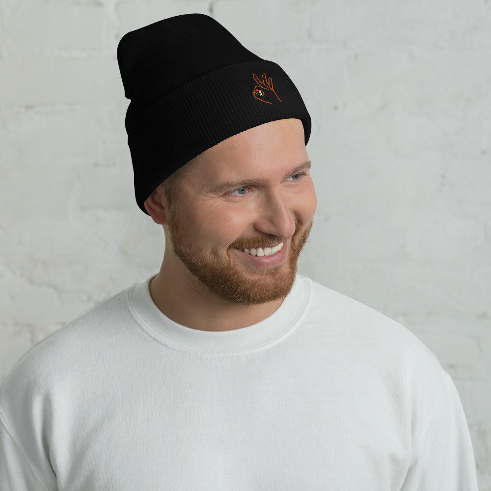 Orange and White Three: Black Cuffed Beanie