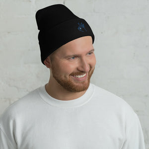 Blue and White Three: Black Cuffed Beanie