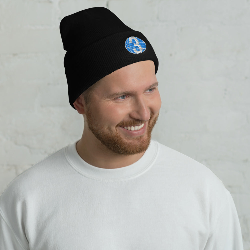 Blue & White Three: Black Cuffed Beanie