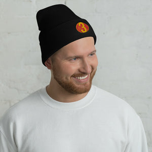 Red & Yellow Three: Black Cuffed Beanie