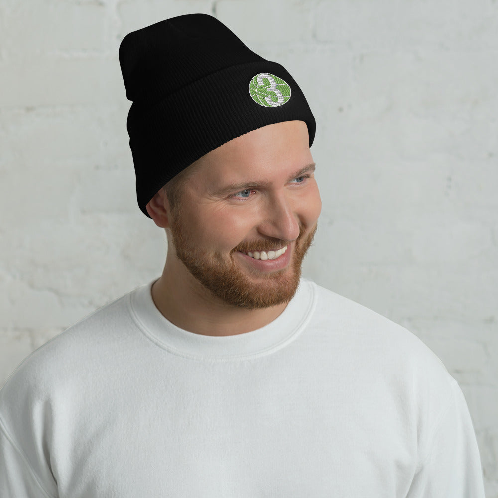 Green & White Three: Black Cuffed Beanie