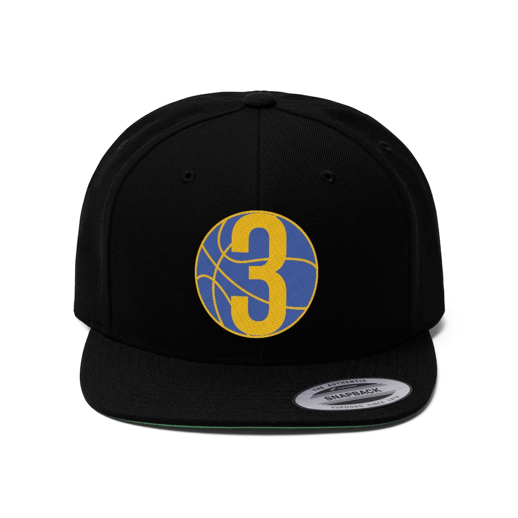 Royal Blue & Gold Three: Black Unisex Flat Bill Hat