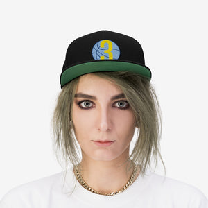 Blue & Yellow Three: Black Unisex Flat Bill Hat