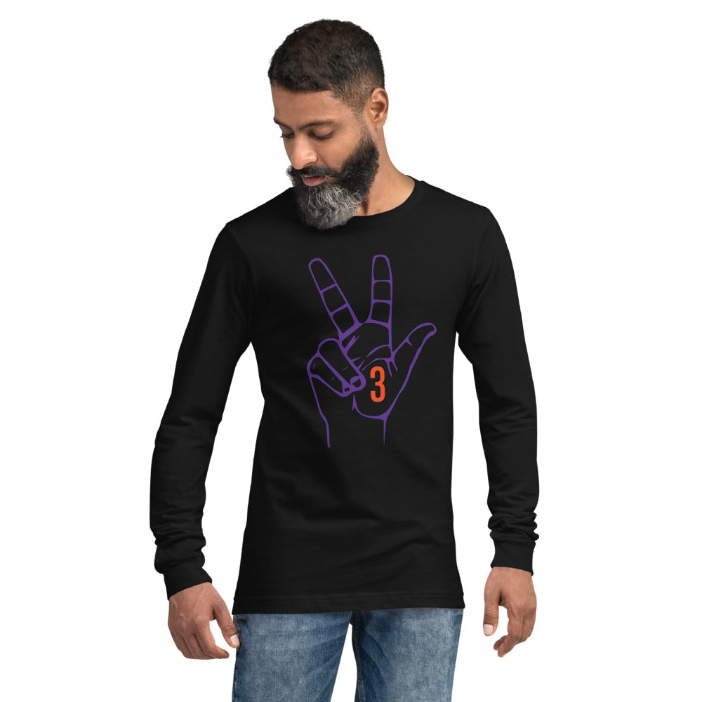 Purple & Orange Three: Black Unisex Long Sleeve Tee