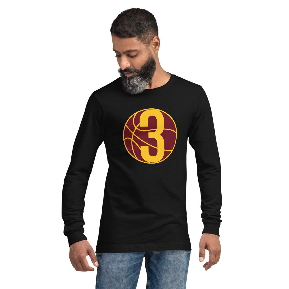 Burgundy & Gold Three: Black Unisex Long Sleeve Tee