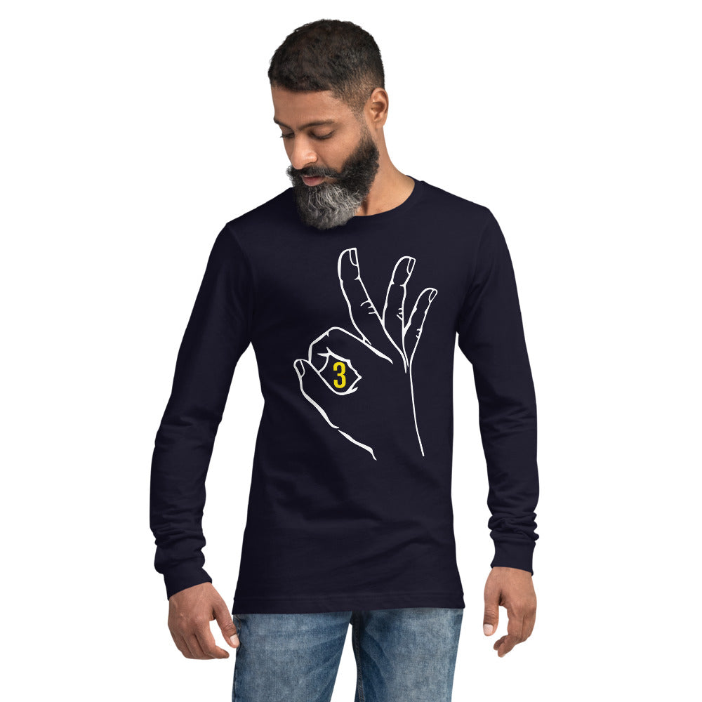 White & Yellow Three: Navy Blue Unisex Long Sleeve Tee