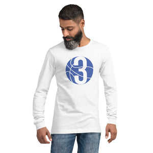 Royal Blue & White Three: White Unisex Long Sleeve Tee