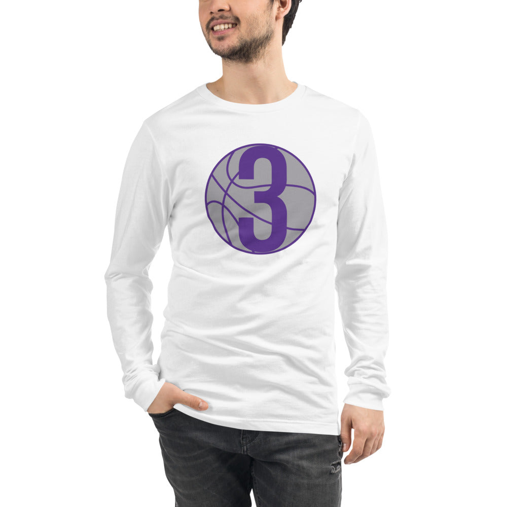 Grey & Purple Three: White Unisex Long Sleeve Tee