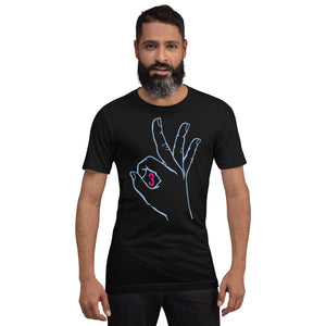 Baby Blue & Hot Pink Three: Black Short-Sleeve Unisex T-Shirt