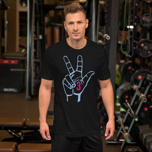 Baby Blue & Hot Pink Three: Black Short-Sleeve Unisex T-Shirt